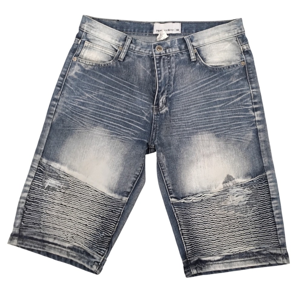 Paper Denim & Cloth Mens Moto Denim Shorts Blue Distressed Ribbed Size 32